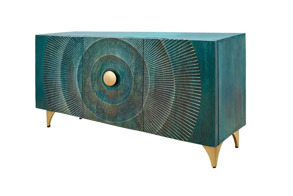 Riess-Ambiente Mehr...|Massivholzschränke > Handgearbeitetes Sideboard GOLDEN SUNSET 140cm türkis mit 3D Schnitzereien gold Mangoholz Metallbeine
