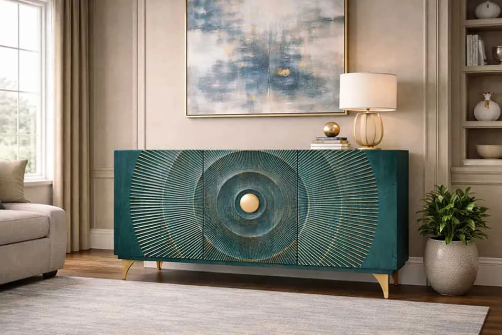Riess-Ambiente Mehr...|Massivholzschränke > Handgearbeitetes Sideboard GOLDEN SUNSET 140cm türkis mit 3D Schnitzereien gold Mangoholz Metallbeine