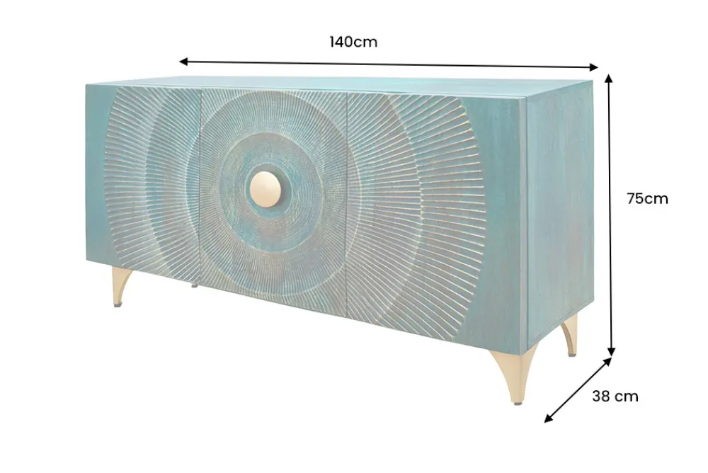 Riess-Ambiente Mehr...|Massivholzschränke > Handgearbeitetes Sideboard GOLDEN SUNSET 140cm türkis mit 3D Schnitzereien gold Mangoholz Metallbeine