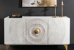Riess-Ambiente Goldene Möbel|Mehr... > Handgearbeitetes Sideboard GOLDEN SUNSET 140cm weiß mit 3D Schnitzereien gold Mangoholz Metallbeine