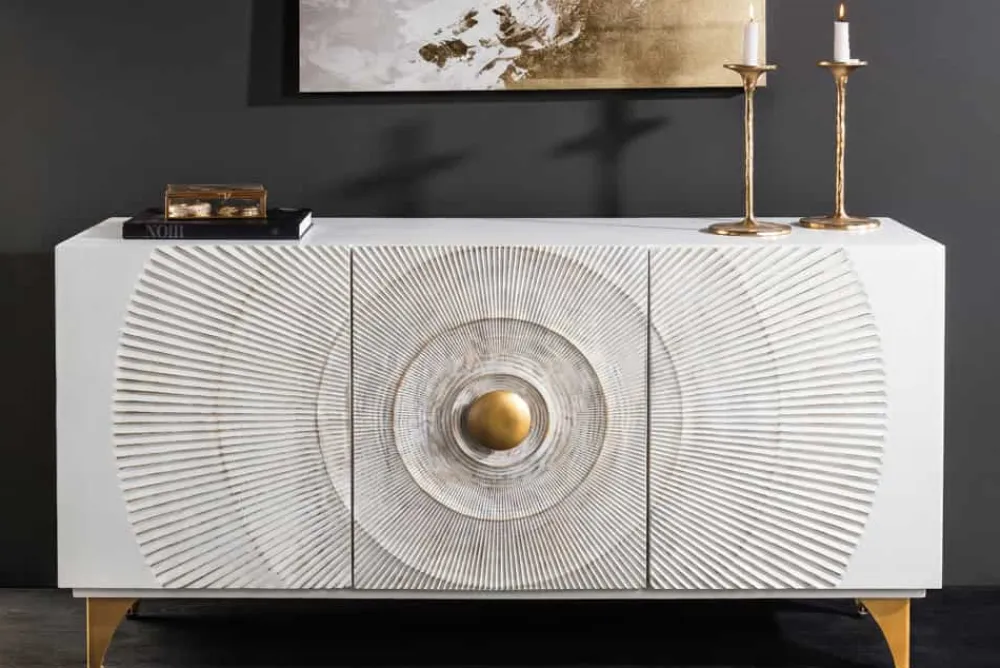 Riess-Ambiente Goldene Möbel|Mehr... > Handgearbeitetes Sideboard GOLDEN SUNSET 140cm weiß mit 3D Schnitzereien gold Mangoholz Metallbeine