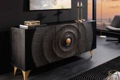 Riess-Ambiente Mehr...|Massivholzschränke > Handgearbeitetes Sideboard GOLDEN SUNSET 140cm schwarz mit 3D Schnitzereien gold Mangoholz Metallbeine