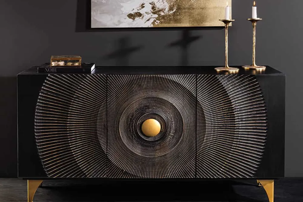 Riess-Ambiente Mehr...|Massivholzschränke > Handgearbeitetes Sideboard GOLDEN SUNSET 140cm schwarz mit 3D Schnitzereien gold Mangoholz Metallbeine