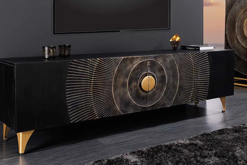 Riess-Ambiente Goldene Möbel|Tv- & Lowboards > Handgearbeitetes TV-Lowboard GOLDEN SUNSET 180cm schwarz mit 3D Schnitzereien gold Mangoholz massiv Metallfüße