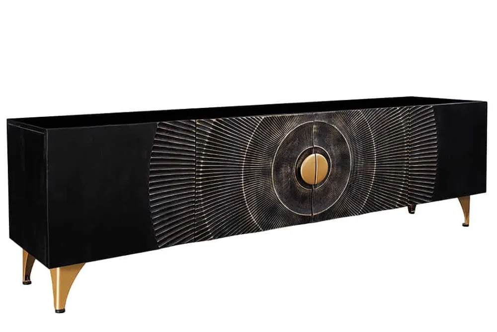 Riess-Ambiente Goldene Möbel|Tv- & Lowboards > Handgearbeitetes TV-Lowboard GOLDEN SUNSET 180cm schwarz mit 3D Schnitzereien gold Mangoholz massiv Metallfüße