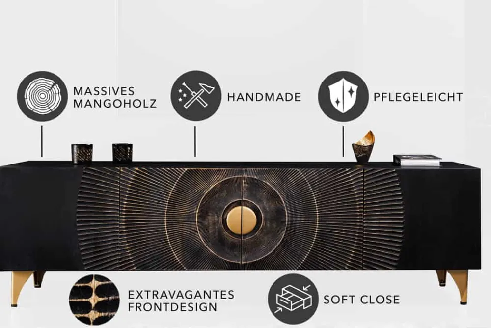 Riess-Ambiente Goldene Möbel|Tv- & Lowboards > Handgearbeitetes TV-Lowboard GOLDEN SUNSET 180cm schwarz mit 3D Schnitzereien gold Mangoholz massiv Metallfüße