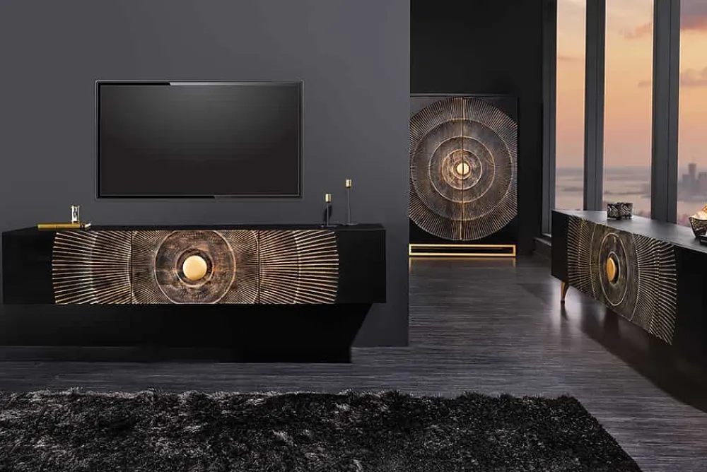 Riess-Ambiente Goldene Möbel|Tv- & Lowboards > Handgearbeitetes TV-Lowboard GOLDEN SUNSET 180cm schwarz mit 3D Schnitzereien gold Mangoholz massiv Metallfüße