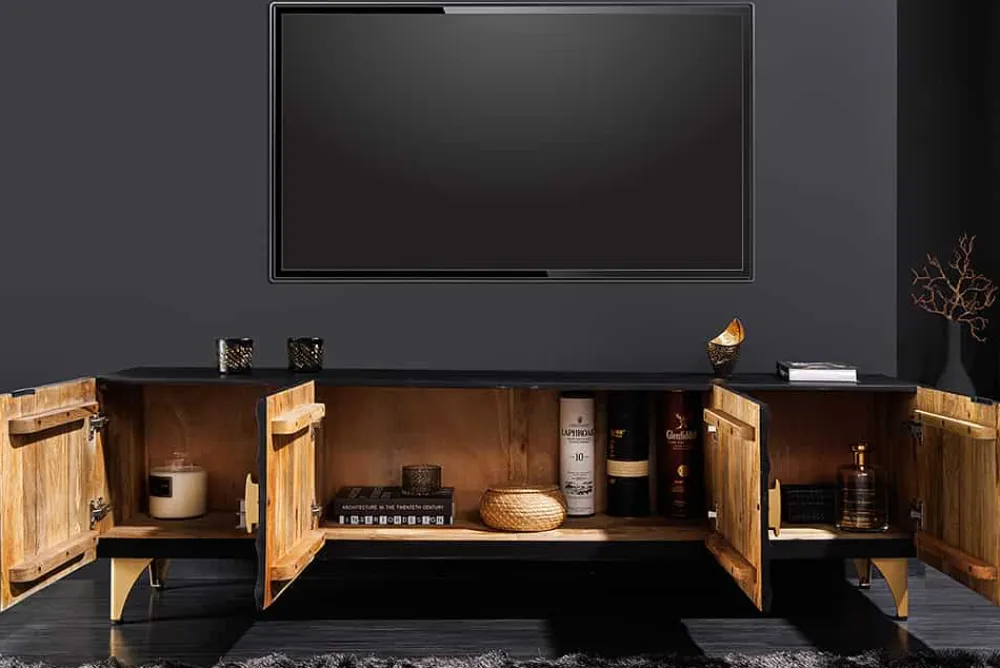 Riess-Ambiente Goldene Möbel|Tv- & Lowboards > Handgearbeitetes TV-Lowboard GOLDEN SUNSET 180cm schwarz mit 3D Schnitzereien gold Mangoholz massiv Metallfüße