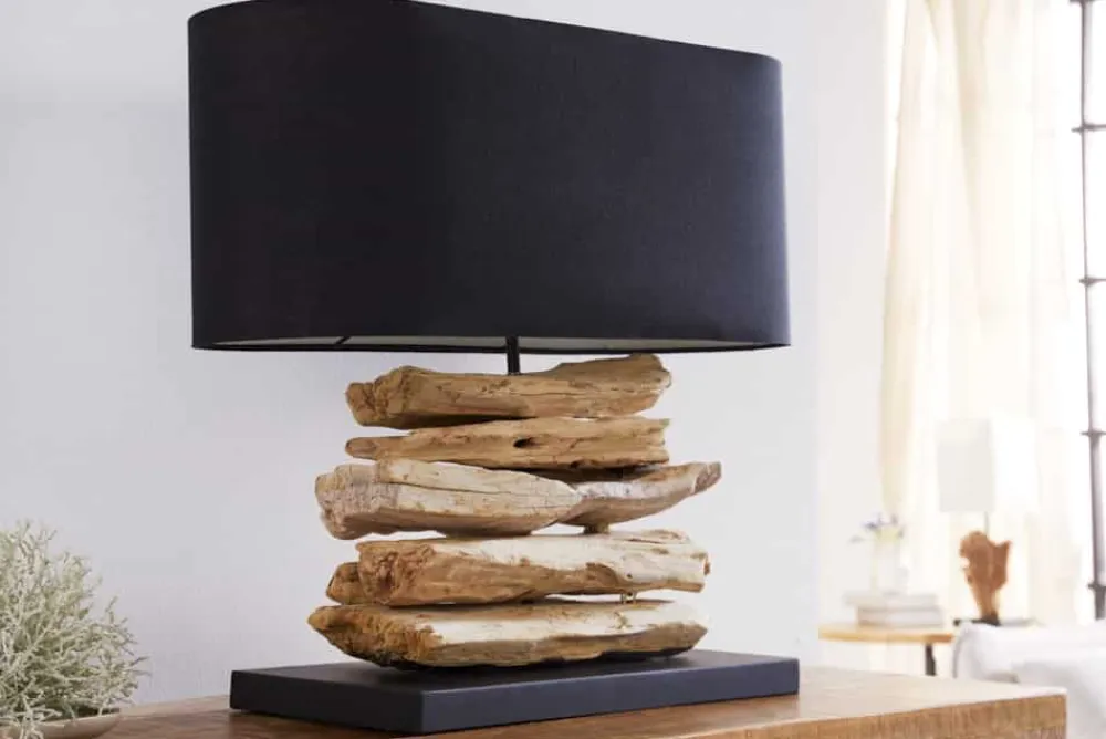 Riess-Ambiente Mehr...|Mehr... > Handgearbeitete Treibholz Lampe RIVERINE 55cm schwarz Leinenschirm Tischleuchte