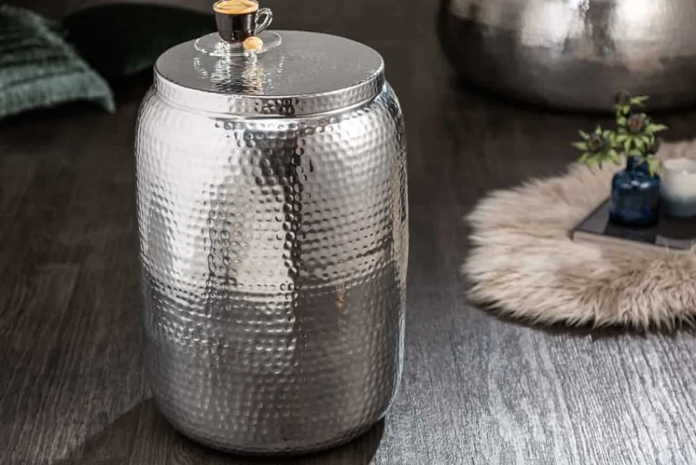 Riess-Ambiente Beistelltische > Handgefertigter Beistelltisch ORIENT STORAGE 50cm silber Hammerschlag Design mit Stauraum rund