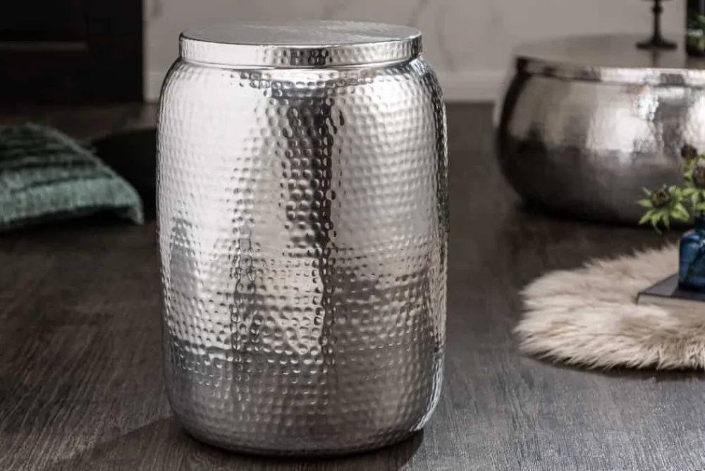 Riess-Ambiente Beistelltische > Handgefertigter Beistelltisch ORIENT STORAGE 50cm silber Hammerschlag Design mit Stauraum rund