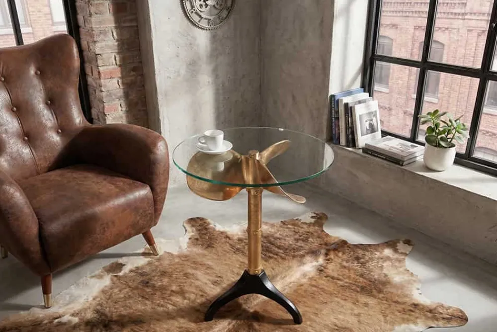 Riess-Ambiente Beistelltische|Goldene Möbel > Handgefertigter Beistelltisch OCEAN 75cm gold schwarz Glasplatte Metall maritim rund