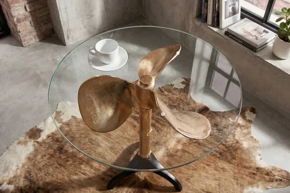 Riess-Ambiente Beistelltische|Goldene Möbel > Handgefertigter Beistelltisch OCEAN 75cm gold schwarz Glasplatte Metall maritim rund