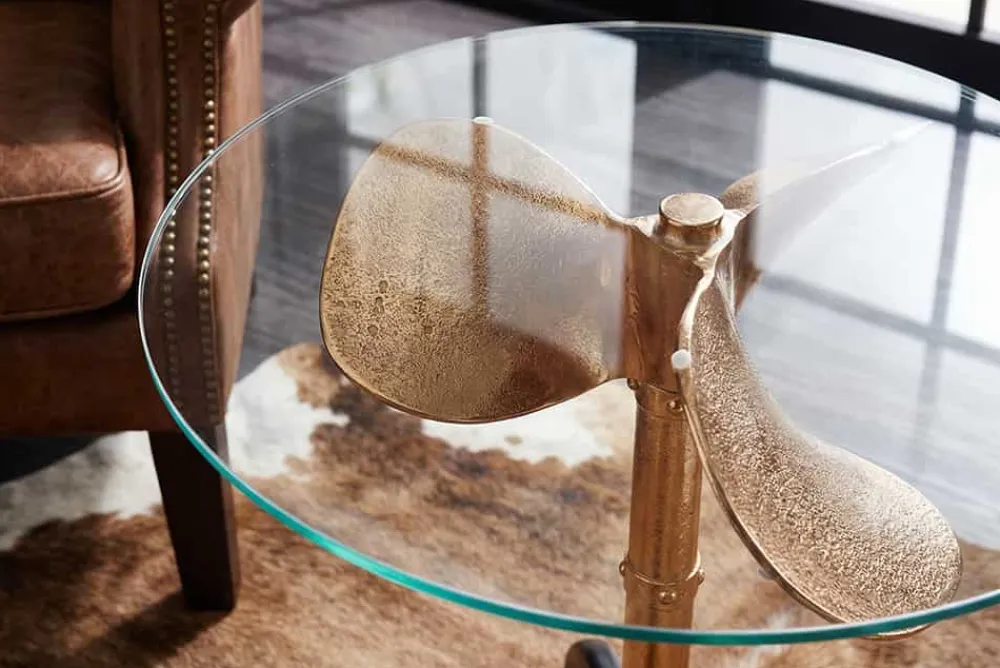 Riess-Ambiente Beistelltische|Goldene Möbel > Handgefertigter Beistelltisch OCEAN 75cm gold schwarz Glasplatte Metall maritim rund