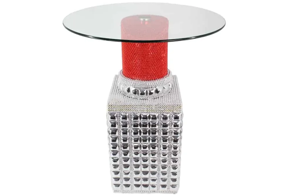 Riess-Ambiente Bartische > Handgefertigter Bistrotisch LIPSTICK 75cm rot silber runde Tischplatte Glas