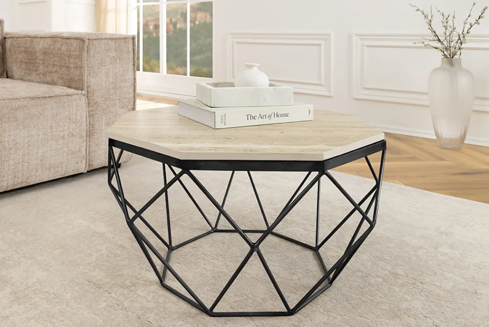 Riess-Ambiente Goldene Möbel|Couchtische & Truhen > Handgefertigter Couchtisch DIAMOND 70cm beige Travertin schwarz Eisen