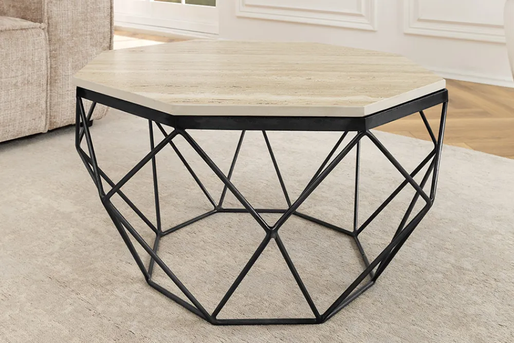 Riess-Ambiente Goldene Möbel|Couchtische & Truhen > Handgefertigter Couchtisch DIAMOND 70cm beige Travertin schwarz Eisen