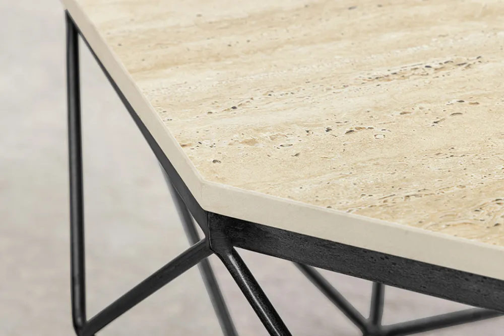 Riess-Ambiente Goldene Möbel|Couchtische & Truhen > Handgefertigter Couchtisch DIAMOND 70cm beige Travertin schwarz Eisen