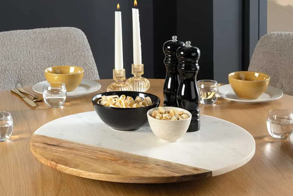 Riess-Ambiente Dekoration > Handgefertigter Drehteller SERVANT 50cm weiß natur Marmor Mangoholz Dekoplatte rund