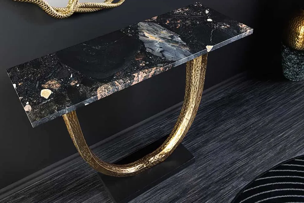 Riess-Ambiente Goldene Möbel|Konsolentische > Handgefertigter Konsolentisch OMEGA 80cm schwarz Marmor gold Metall