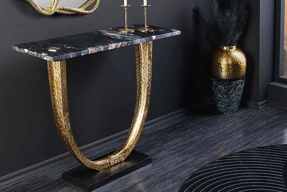Riess-Ambiente Goldene Möbel|Konsolentische > Handgefertigter Konsolentisch OMEGA 80cm schwarz Marmor gold Metall
