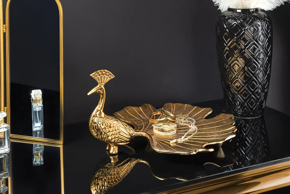 Riess-Ambiente Dekoration > Handgefertigte Servierplatte WILDLIFE PEACOCK 40cm gold Metall Pfauen-Skulptur