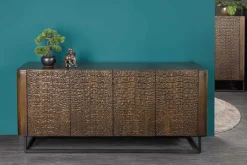 Riess-Ambiente Sideboards & Kommoden|Mehr... > Handgefertigtes Sideboard CROCO 180cm gold braun Mangoholz mit 3D Schnitzereien massiv schwarz Metall