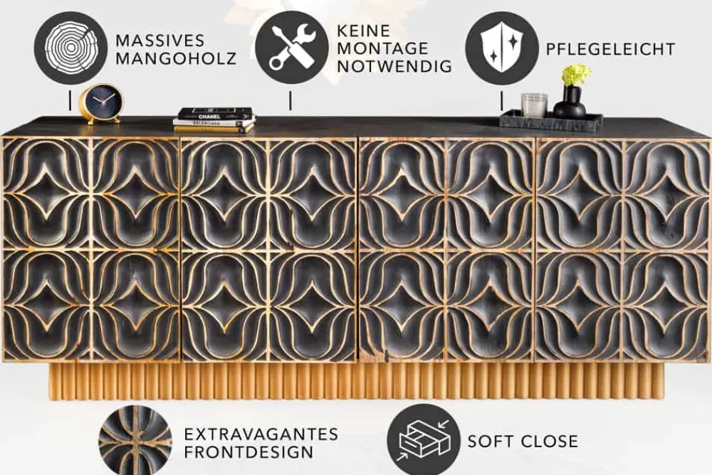 Riess-Ambiente Mehr...|Massivholzschränke > Handgefertigtes Sideboard PIAZZA SAN MARCO 180cm grau gold Mangoholz massiv 3D-Design