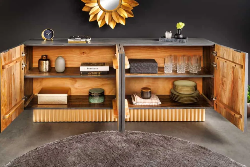 Riess-Ambiente Mehr...|Massivholzschränke > Handgefertigtes Sideboard PIAZZA SAN MARCO 180cm grau gold Mangoholz massiv 3D-Design