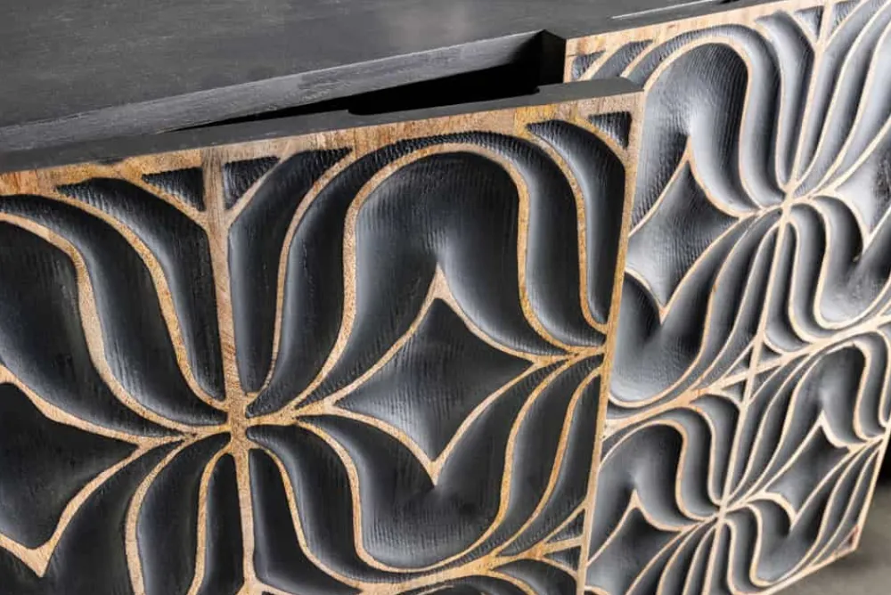 Riess-Ambiente Mehr...|Massivholzschränke > Handgefertigtes Sideboard PIAZZA SAN MARCO 180cm grau gold Mangoholz massiv 3D-Design