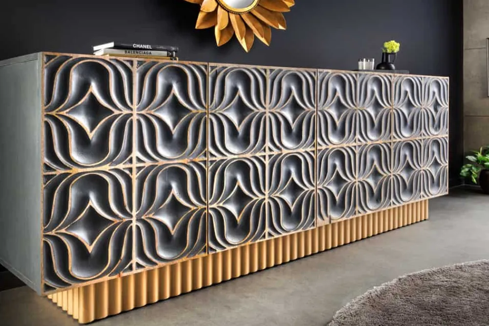 Riess-Ambiente Mehr...|Massivholzschränke > Handgefertigtes Sideboard PIAZZA SAN MARCO 180cm grau gold Mangoholz massiv 3D-Design