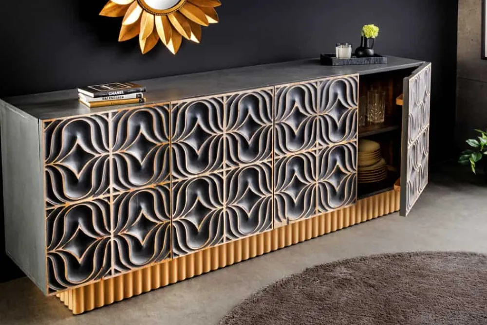 Riess-Ambiente Mehr...|Massivholzschränke > Handgefertigtes Sideboard PIAZZA SAN MARCO 180cm grau gold Mangoholz massiv 3D-Design