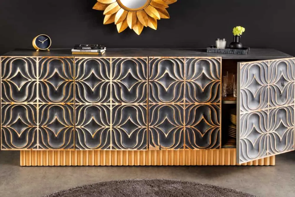Riess-Ambiente Mehr...|Massivholzschränke > Handgefertigtes Sideboard PIAZZA SAN MARCO 180cm grau gold Mangoholz massiv 3D-Design