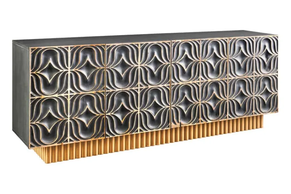 Riess-Ambiente Mehr...|Massivholzschränke > Handgefertigtes Sideboard PIAZZA SAN MARCO 180cm grau gold Mangoholz massiv 3D-Design