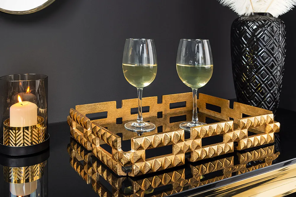 Riess-Ambiente Etageren & Tabletts > Handgefertigtes Tablett VARIATION 40cm schwarz gold Metall Aluminium Glas