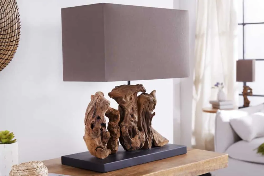 Riess-Ambiente Mehr...|Mehr... > Handgefertigte Tischlampe ARAGON 50cm braun Treibholz-Fuß mit Leinenschirm