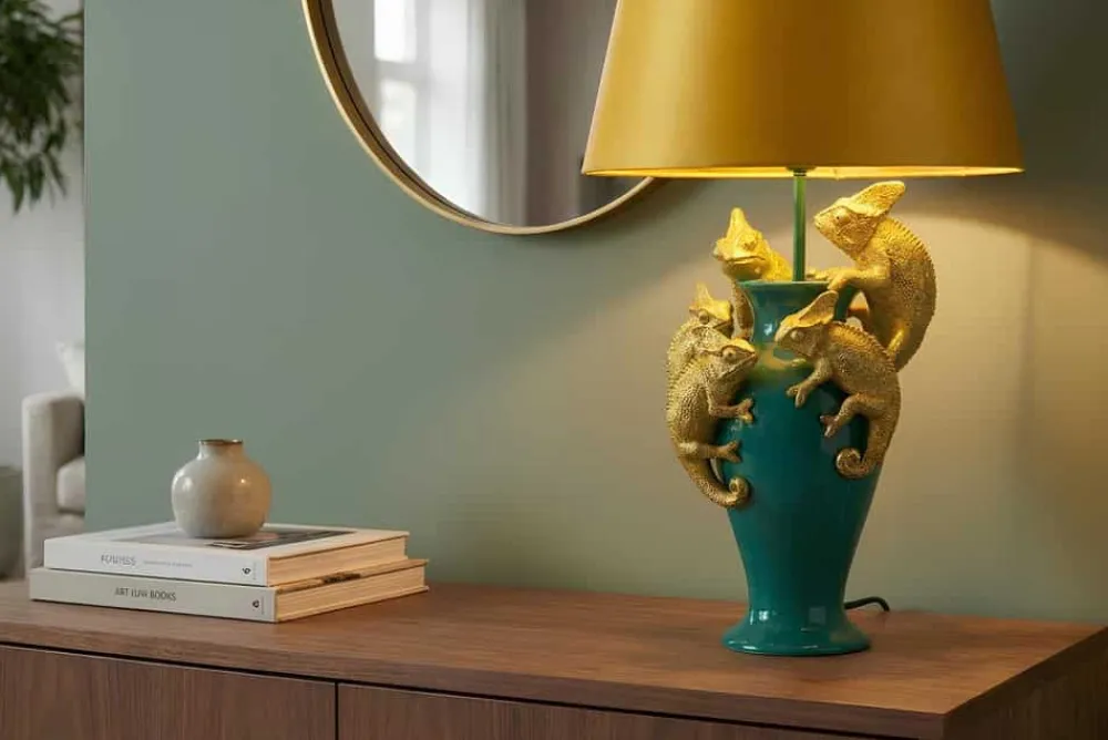 Riess-Ambiente Tischlampen > Handgefertigte Tischlampe CHAMELEON 55cm grün gold Skulptur gelber Stoffschirm