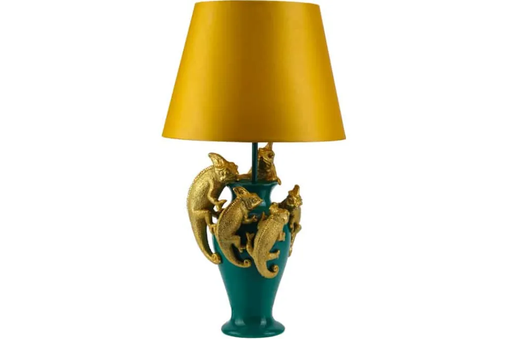 Riess-Ambiente Tischlampen > Handgefertigte Tischlampe CHAMELEON 55cm grün gold Skulptur gelber Stoffschirm