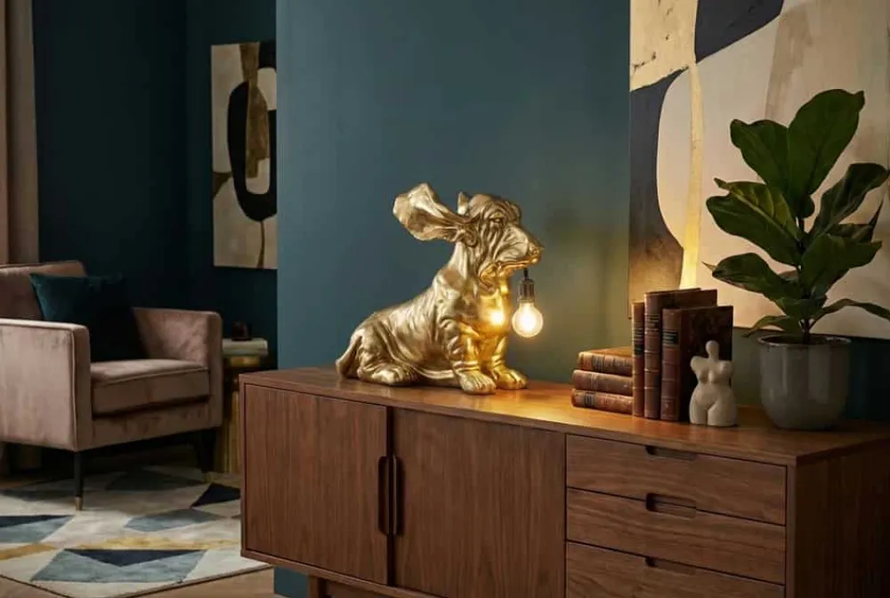 Riess-Ambiente Tischlampen > Handgefertigte Tischlampe DACKEL 70cm gold Hunde-Skulptur