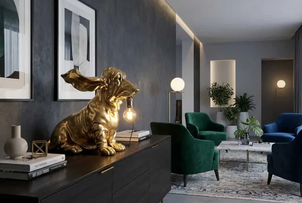 Riess-Ambiente Tischlampen > Handgefertigte Tischlampe DACKEL 70cm gold Hunde-Skulptur