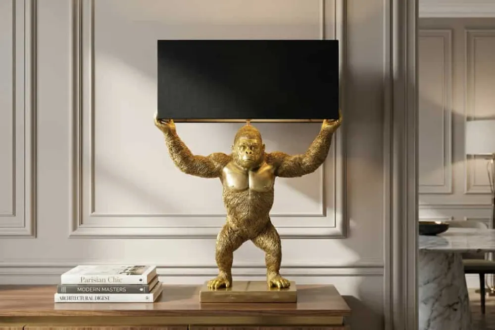 Riess-Ambiente Tischlampen > Handgefertigte Tischlampe KING APE 70cm schwarz gold Stoffschirm Affen-Skulptur