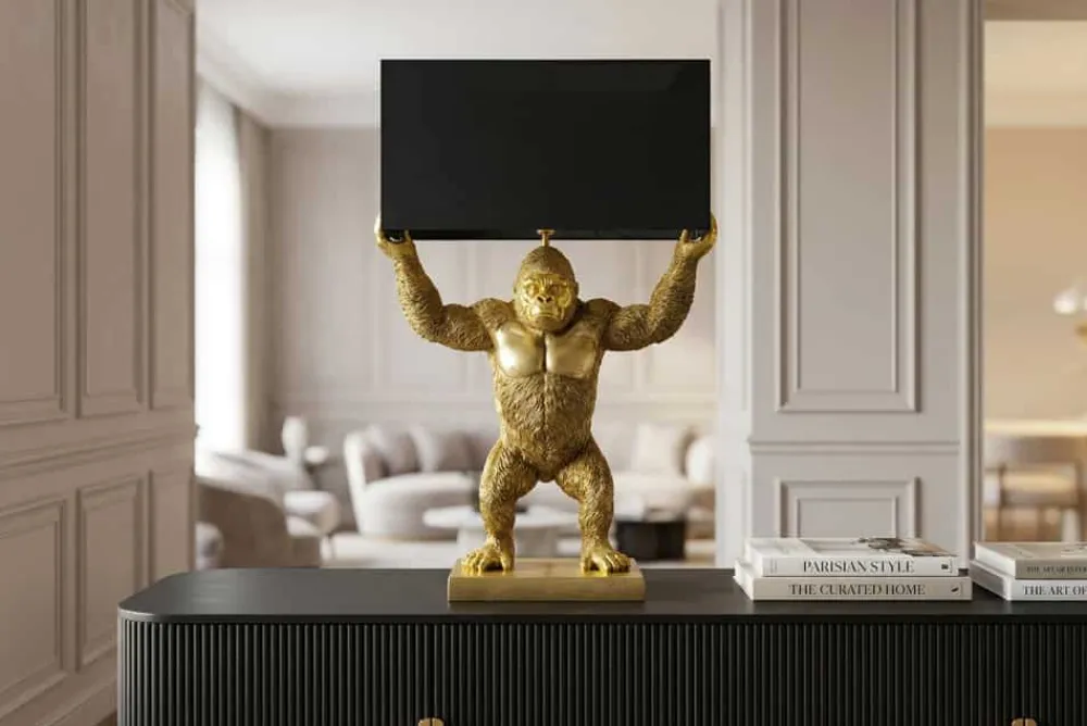 Riess-Ambiente Tischlampen > Handgefertigte Tischlampe KING APE 70cm schwarz gold Stoffschirm Affen-Skulptur