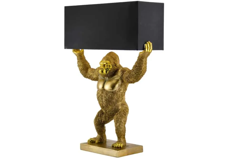 Riess-Ambiente Tischlampen > Handgefertigte Tischlampe KING APE 70cm schwarz gold Stoffschirm Affen-Skulptur