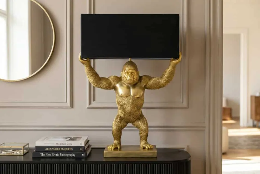 Riess-Ambiente Tischlampen > Handgefertigte Tischlampe KING APE 70cm schwarz gold Stoffschirm Affen-Skulptur