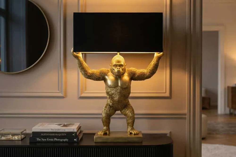 Riess-Ambiente Tischlampen > Handgefertigte Tischlampe KING APE 70cm schwarz gold Stoffschirm Affen-Skulptur