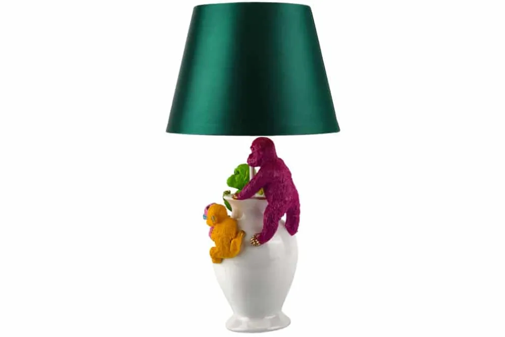 Riess-Ambiente Tischlampen > Handgefertigte Tischlampe MONKEY 60cm weiß bunt grüner Stoffschirm Affen-Skulpturen