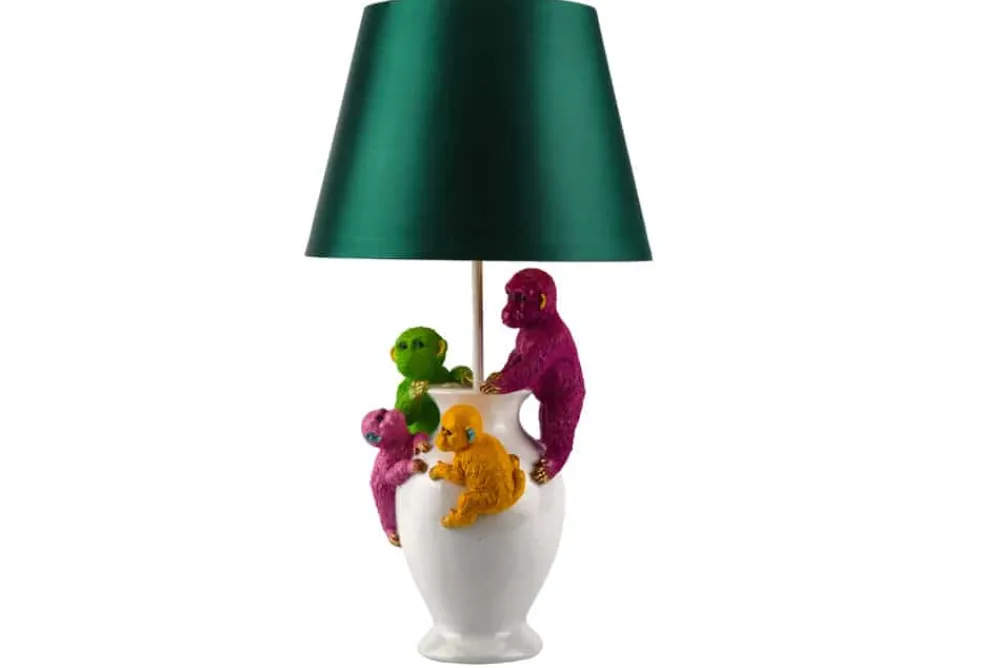 Riess-Ambiente Tischlampen > Handgefertigte Tischlampe MONKEY 60cm weiß bunt grüner Stoffschirm Affen-Skulpturen