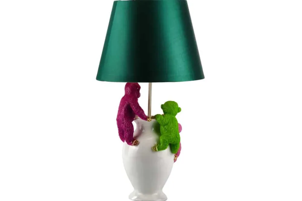 Riess-Ambiente Tischlampen > Handgefertigte Tischlampe MONKEY 60cm weiß bunt grüner Stoffschirm Affen-Skulpturen