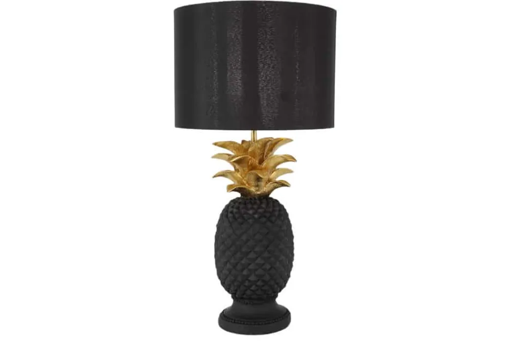 Riess-Ambiente Tischlampen > Handgefertigte Tischlampe PINEAPPLE 50cm schwarz Ananas-Design gold mit Stoffschirm