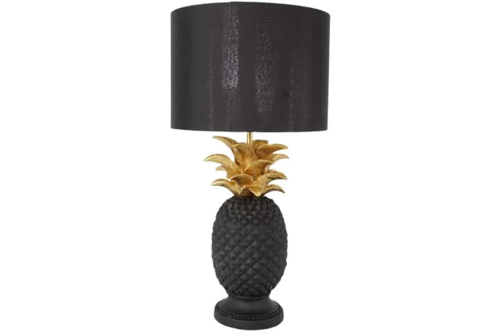 Riess-Ambiente Tischlampen > Handgefertigte Tischlampe PINEAPPLE 50cm schwarz Ananas-Design gold mit Stoffschirm